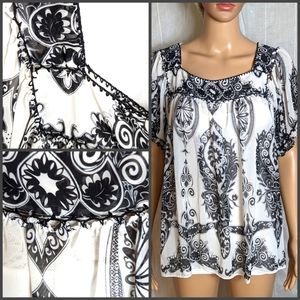 Willi Smith boho black/white sheer top sz XL